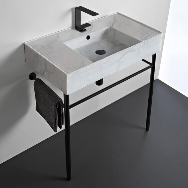 Scarabeo 5123-F-CON-BLK-One Hole Marble Design Ceramic Console Sink and Matte Black Stand, 32 Inch